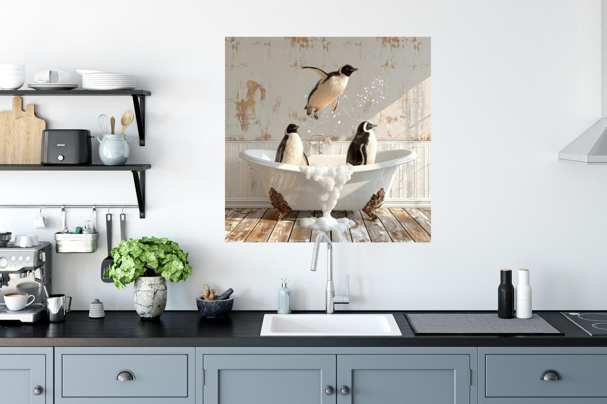 WANDTATTOO Vintage - Pinguin - Badewanne - Schaumstoff 50x50 cm - Schwarz, Kunststoff (50/50/0.1cm) - MuchoWow