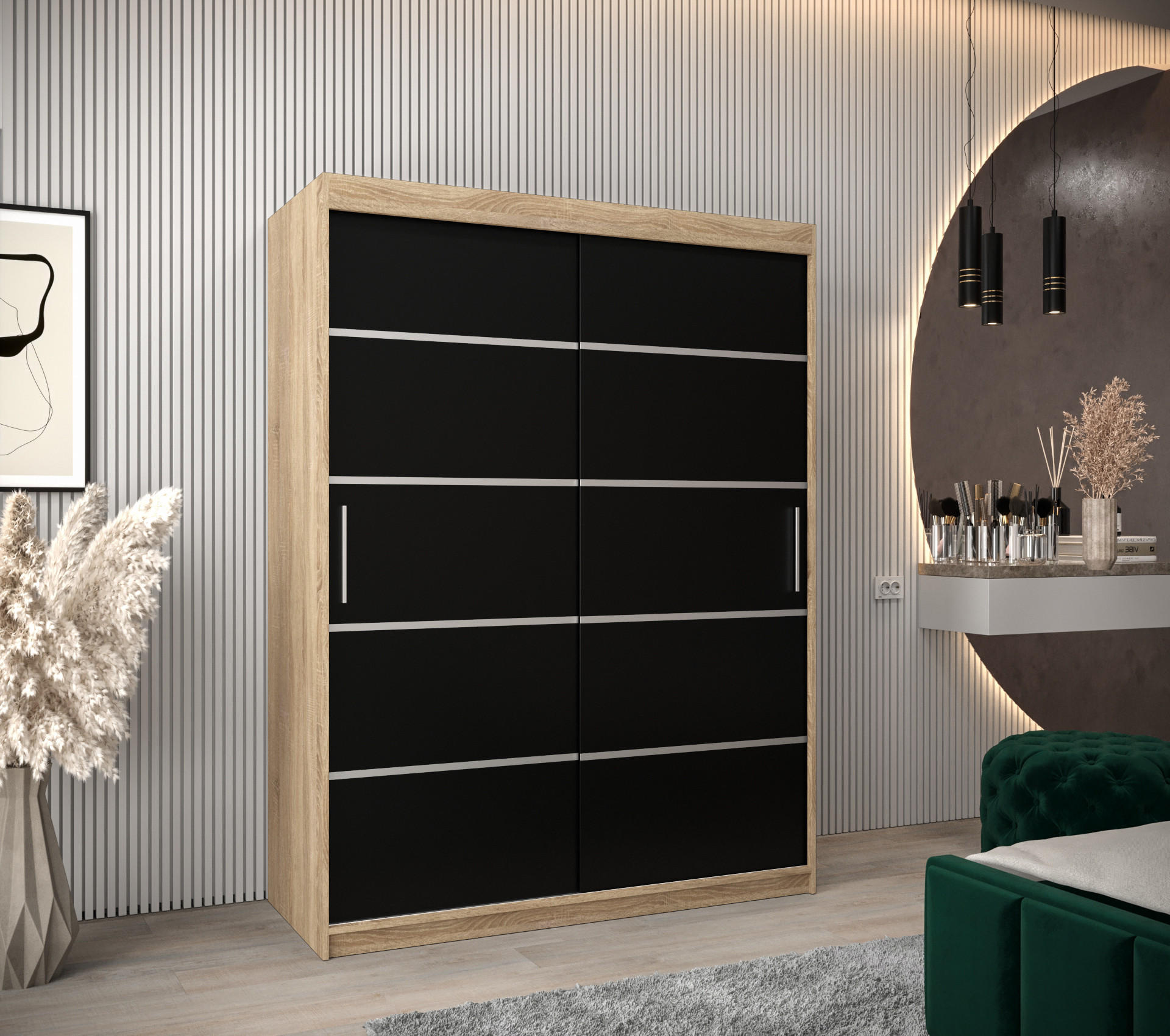 SCHWEBETÜRENSCHRANK 200/150/62 2-türig - Silberfarben/Schwarz, Holz/Kunststoff (150/200/62cm) - Abiks Möbel