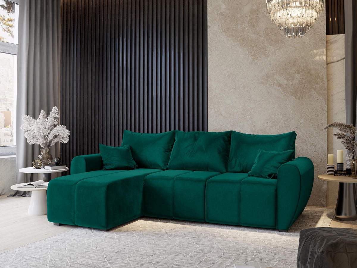 ECKSOFA MADISON Grün Plüsch-Stoff mit Schlaffunktion - Grün, Holz (246/143cm) - MASSENO