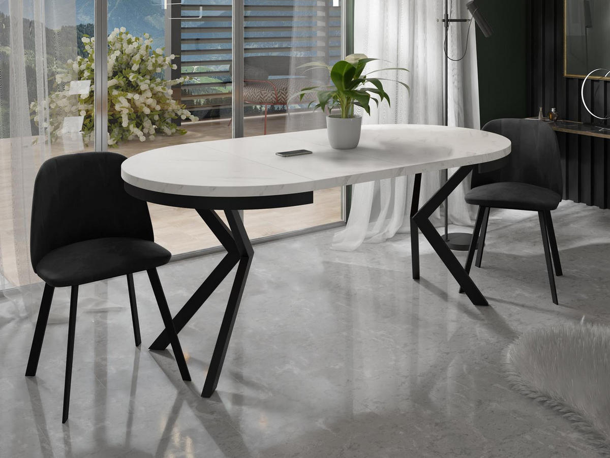 ESSTISCH Ross runder ausziehbarer, Marmor Weiß 120-200/120/76 cm - Ecru/Schwarz, Holzwerkstoff/Metall (120/120/76cm) - WFL GROUP