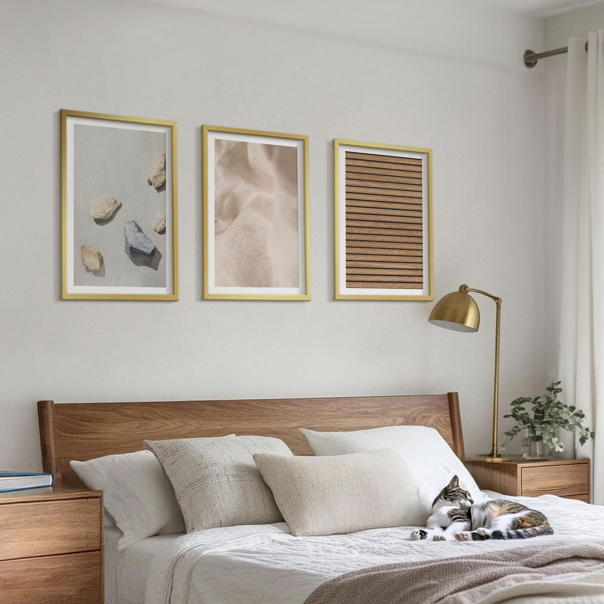 BILDER SET 3er Set - 40x60 cm Goldrahmen - Steine, Holz, Stofftexturen - Goldfarben, Kunststoff (40/60cm) - TULUP