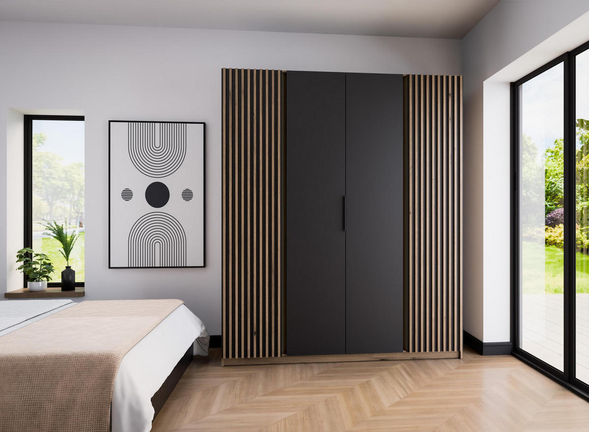 KLEIDERSCHRANK Nehir Korpus Eiche Evoke, Front Schwarz/Eiche Evoke 200 cm - 4T Modern mit 2 Lamellentüren außen - Eichefarben/Schwarz, Holzwerkstoff/Kunststoff (200/239/61.9cm) - AX Living