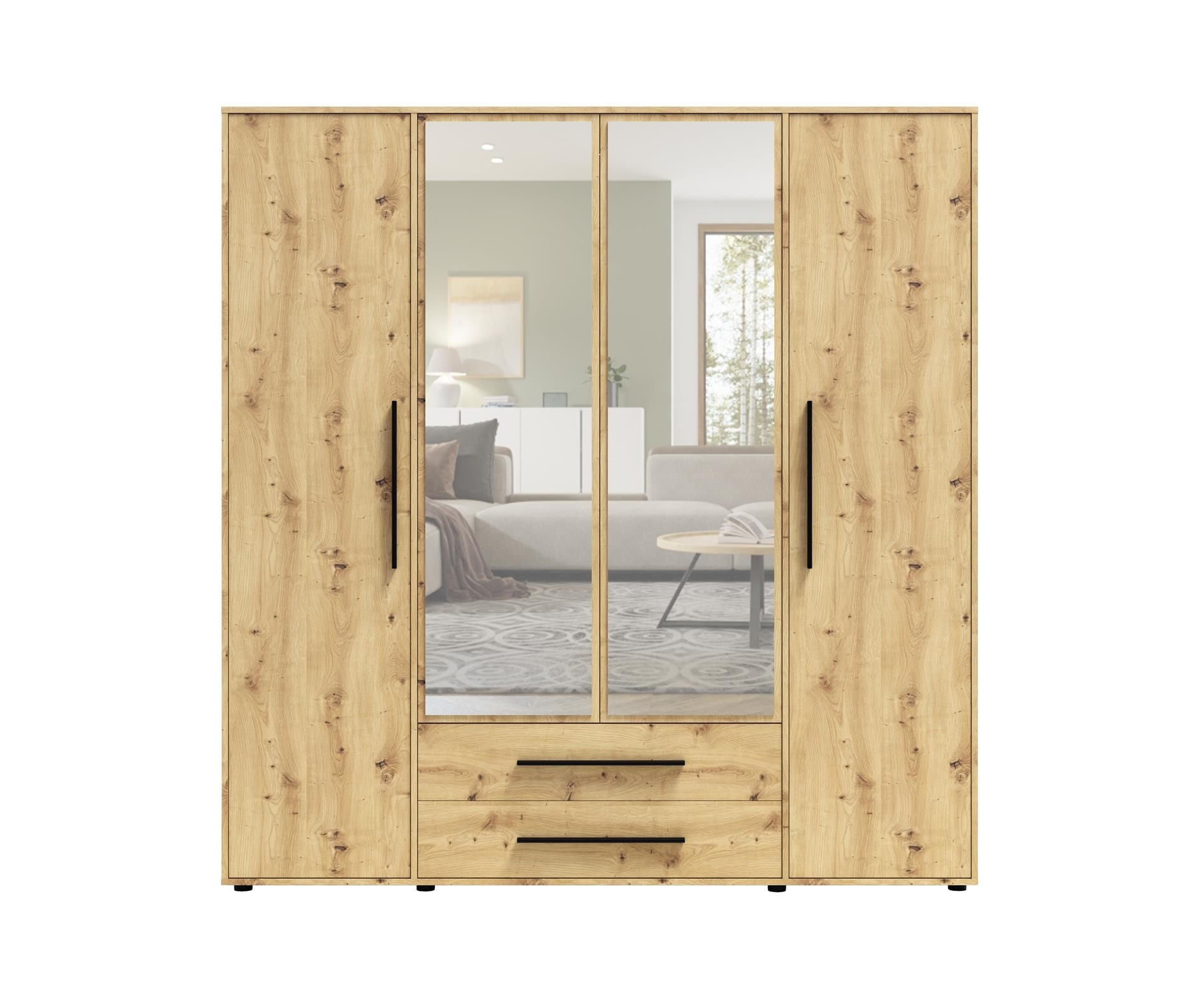 KLEIDERSCHRANK Maxivo Artisan Eiche, viertüriger Kippschrank mit Schubladen und Spiegel, Erweiterung - Schwarz/Eiche Artisan, Holzwerkstoff (198/248/59cm) - Bettso