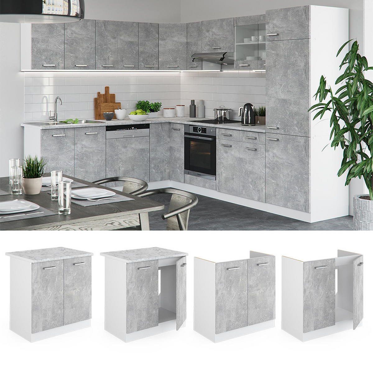 SPÜLENUNTERSCHRANK R-Line Beton 80 cm ohne AP - Schieferfarben/Hellgrau, Holzwerkstoff (80/81.6/46cm) - Vicco