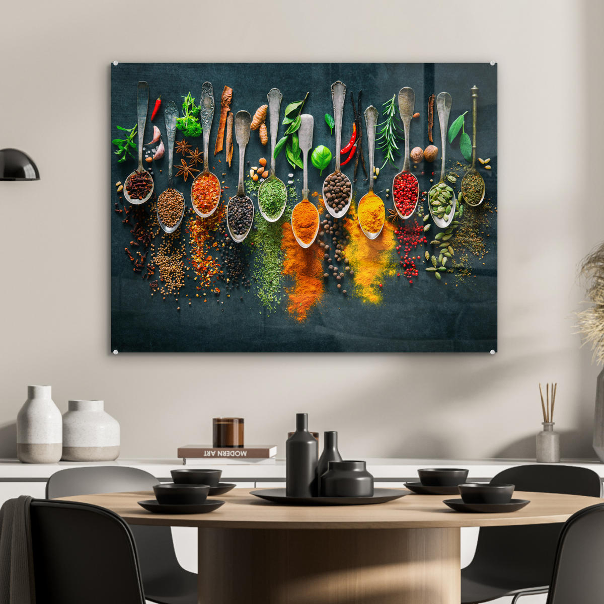 OBRAZ NA AKRYLOVOM SKLE Bylinky - korenie - lyžičky 80x60 cm - kari žltá, sklo (80/60cm) - MuchoWow