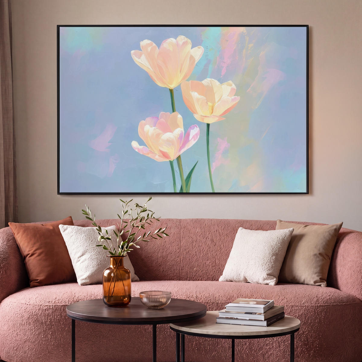 LEINWAND Bilder mit Rahmen - Tulpen - Rosa Akzente - Blau - 120x80 - Pastellblau, Textil (120/80cm) - MuchoWow