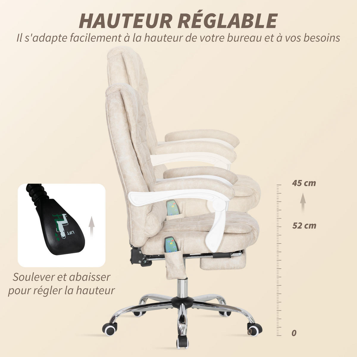 CHEFSESSEL DE-11783 MIT MASSAGE- & HEIZFUNKTION Creme - Creme, Metall (65/119/70cm) - ComfortXL
