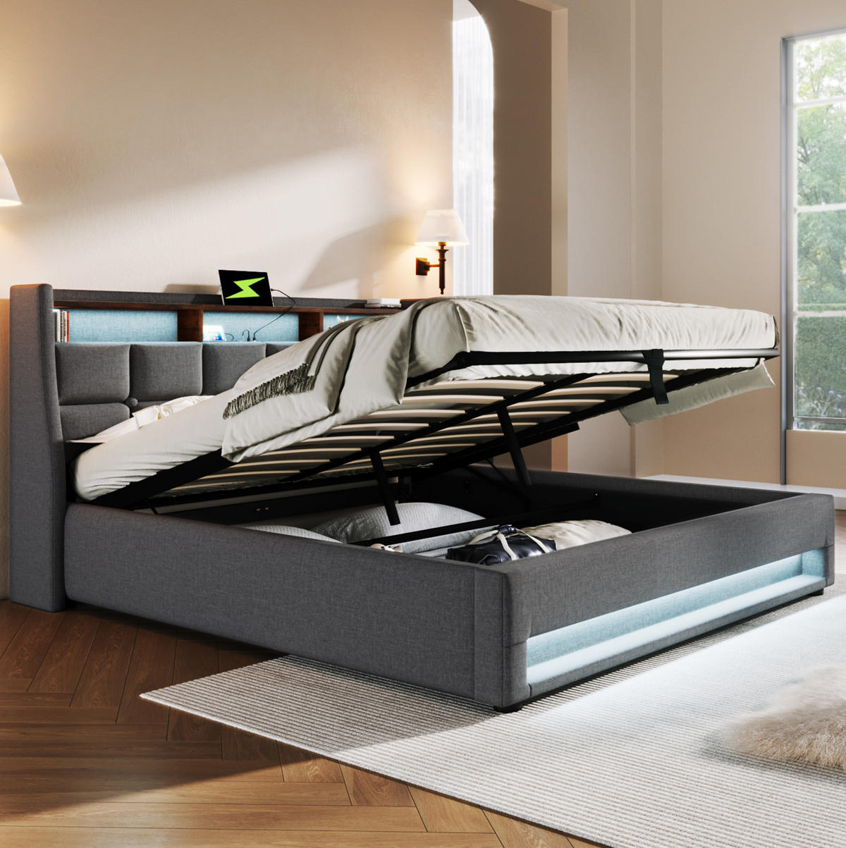 POLSTERBETT aus Leinenstoff 180x200 cm Grau mit LED-Beleuchtung, 2 USB-Anschlüssen und Bettkasten - Grau, Textil (180/200cm) - IVMEU