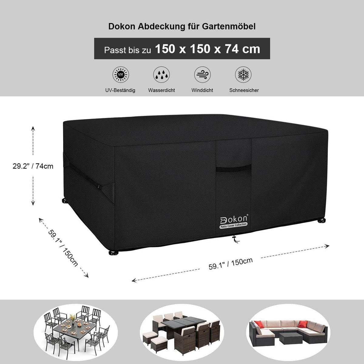 ABDECKHAUBE für Gartenmöbel 150 x 150 x 74 cm Schwarz - Schwarz, Textil (150.1/75.2/150cm)