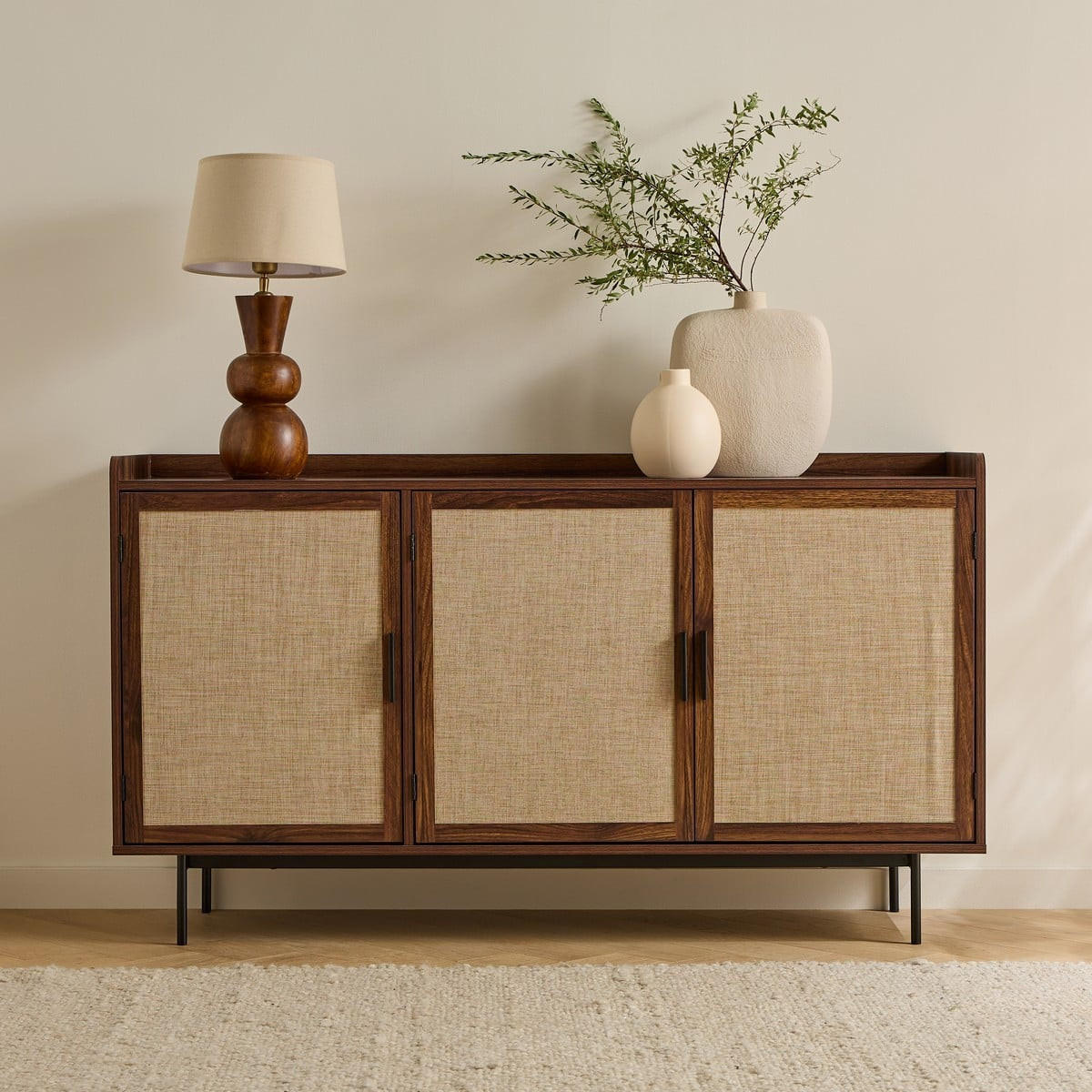 SIDEBOARD mit 3 Türen in Nussbaumdekor und Stofffronten 39,5/79/140 cm - Nussbaumfarben, Holzwerkstoff (39.5/79/46cm) - Calicosy