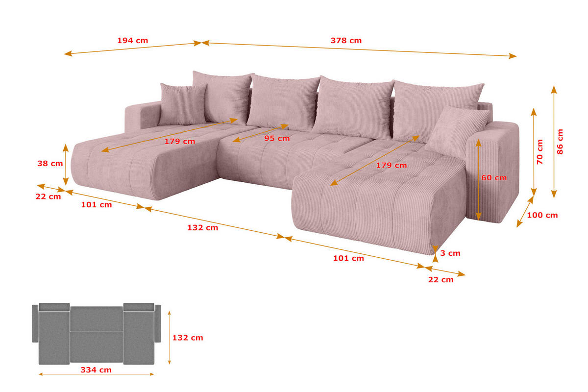 SEDACÍ SOUPRAVA DO U s funkcí spaní a úložným prostorem MILA-U 378x194x86 růžová manšestr - růžová/černá, kompozitní dřevo/textil (378/86/194cm) - ALTDECOR
