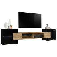 LOWBOARD MERANO Black - Eiche Wotan/Schwarz, Glas/Holzwerkstoff (230/52.5/35cm) - Komodee