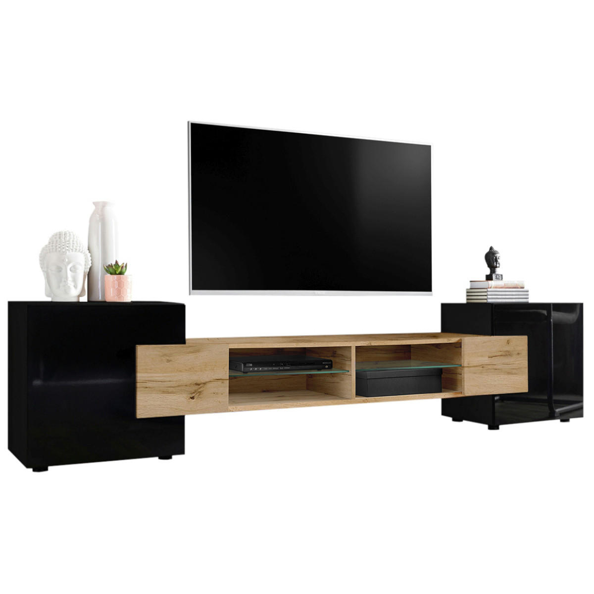 LOWBOARD MERANO Black - Eiche Wotan/Schwarz, Glas/Holzwerkstoff (230/52.5/35cm) - Komodee