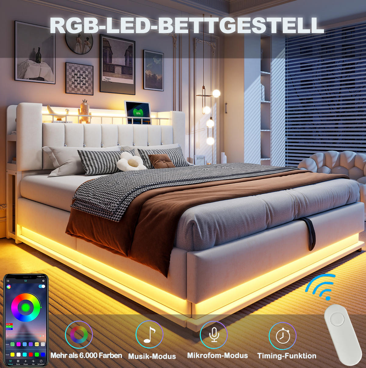 POLSTERBETT mit Samtbezug 180x200 cm Beige mit LED-Beleuchtung, USB-Anschlüssen und hydraulischem Stauraum - Beige, Textil (180/200cm) - IVMEU