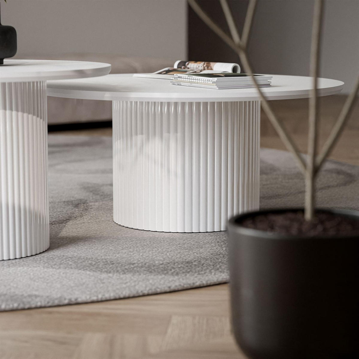 COUCHTISCH-SET OVI mit geriffeltem Sockel - Weiß, Holzwerkstoff (80/80/42cm) - Lookway