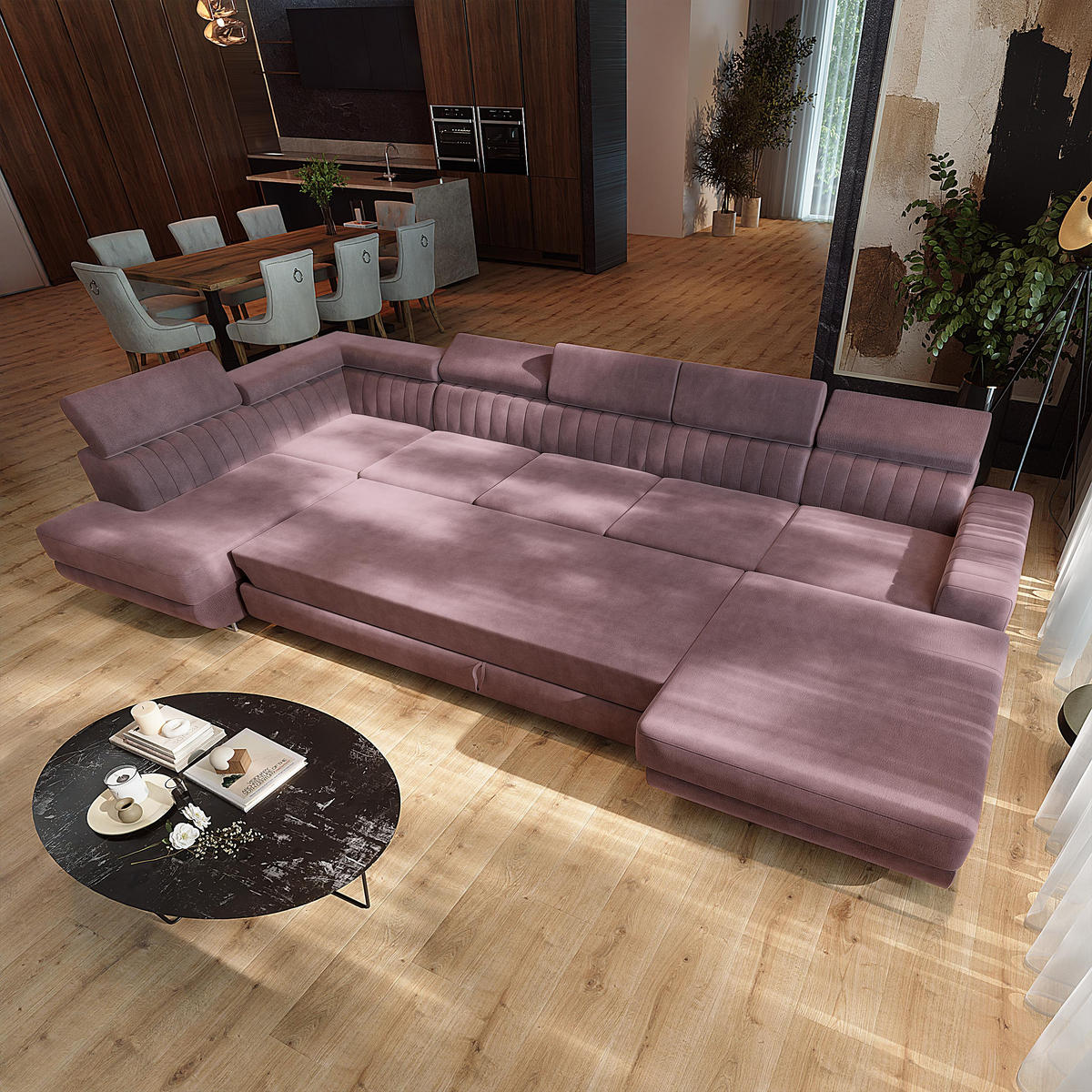 WOHNLANDSCHAFT GAIAN Lila Velours-Stoff mit Schlaffunktion - Lila, Holz (412/88/190cm) - MASSENO