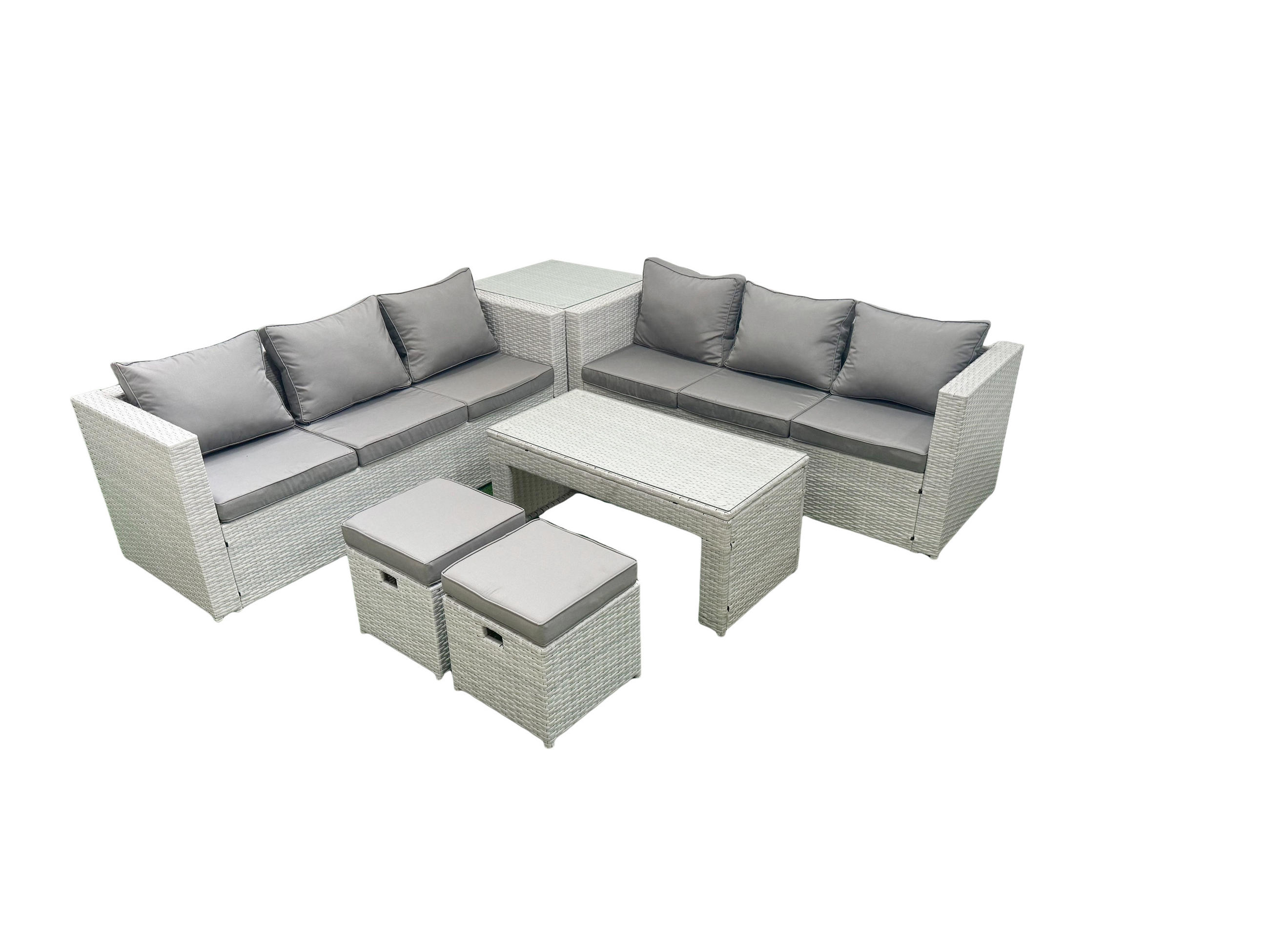 GARTENSOFA hohe Rückenlehne Polyrattan Hellgrau-Mix 8-Sitzer - Hellgrau/Grau, Glas/Kunststoff - Fimous