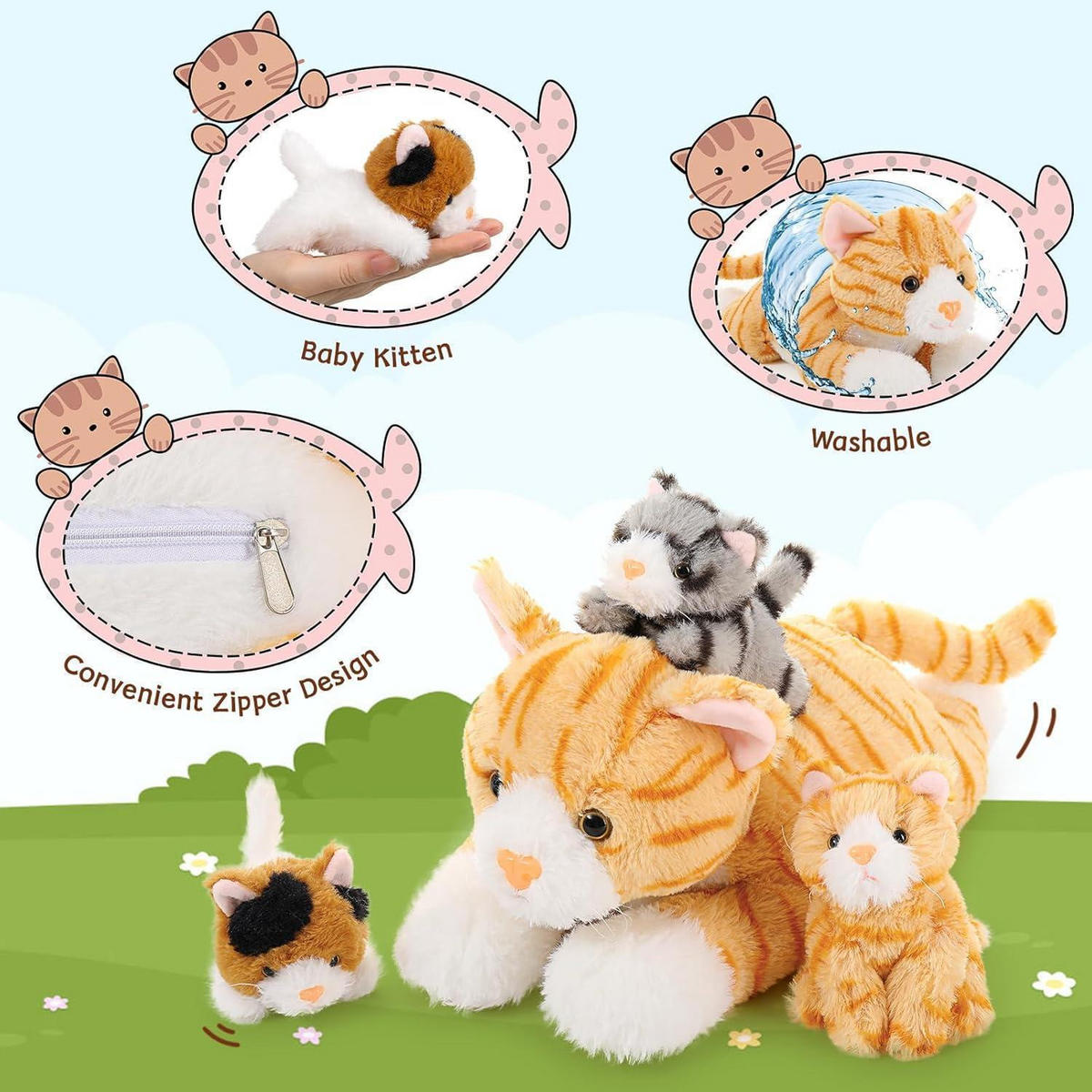 PLÜSCHTIER Katze mit 3 Babys 40 cm - Multicolor, Textil (18/40cm)