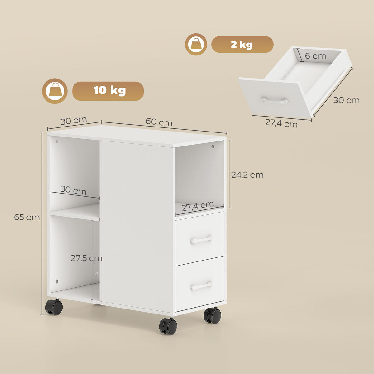 ROLLCONTAINER DE-14499 Weiß - Weiß, Holzwerkstoff (30/65/60cm) - ComfortXL