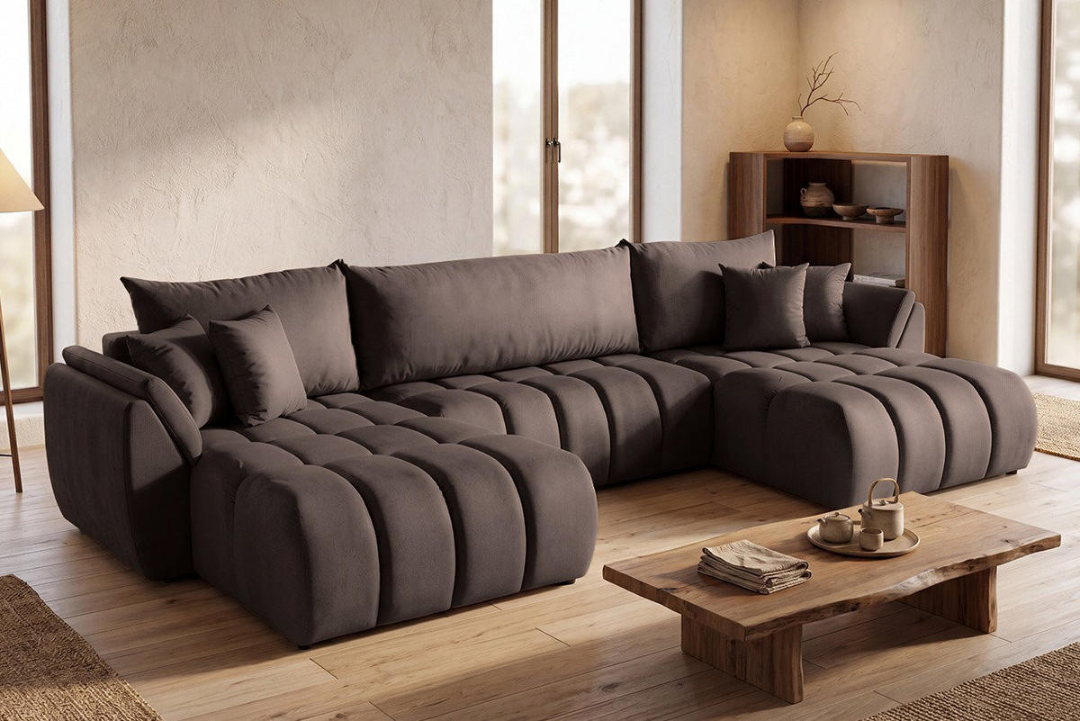 ECKSOFA Iris U mit Schlaffunktion und Bettkasten, U-Form – Braun Samt 382/184/85 cm - Schwarz/Braun, Kunststoff/Textil (382/184cm) - WFL GROUP