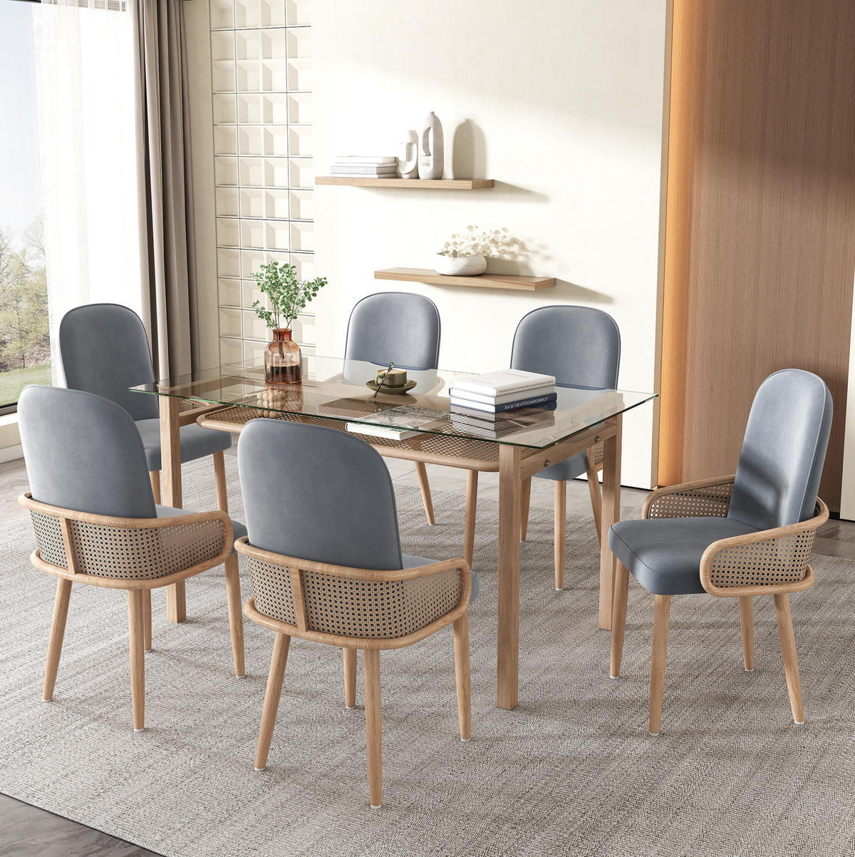 ESSZIMMERSTUHL 6er-Set Samt mit Rattan-Design Grau - Grau, Holz (43/90/41cm) - Meubliv