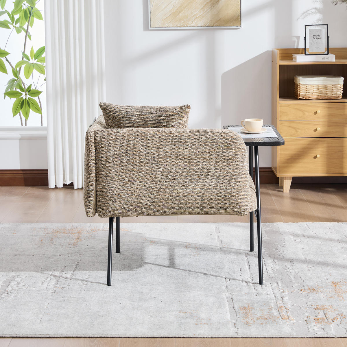 SESSEL Chenille Khaki mit Beistelltisch und Seitentaschen - Hellbraun, Textil/Metall (86/71/72cm) - WISHDOR