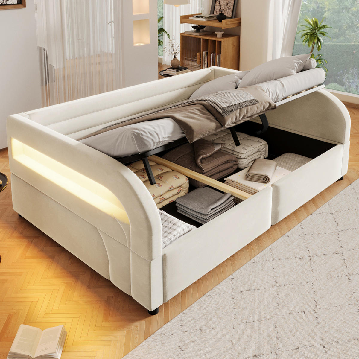 POLSTERBETT 140x200 cm in Beige mit hydraulischem Stauraum und LED-Beleuchtung - Beige, Textil (140/200cm) - IVMEU