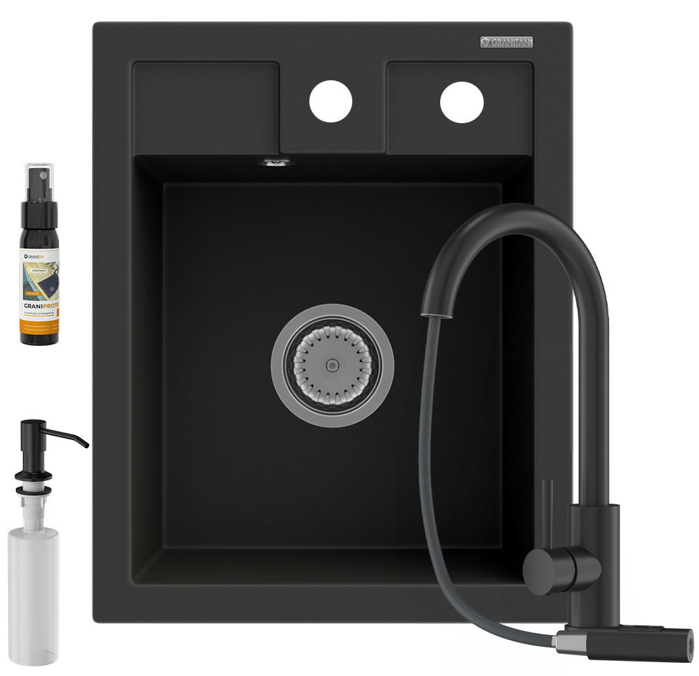 SPÜLBECKEN Best mit Batterie Siphon - Schwarz, Kunststoff/Stein (50/40/18cm) - Granitan