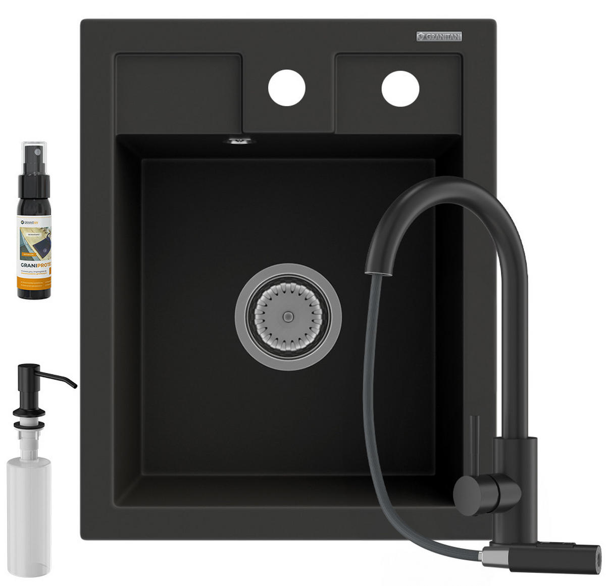 SPÜLBECKEN Best mit Batterie Siphon - Schwarz, Kunststoff/Stein (50/40/18cm) - Granitan