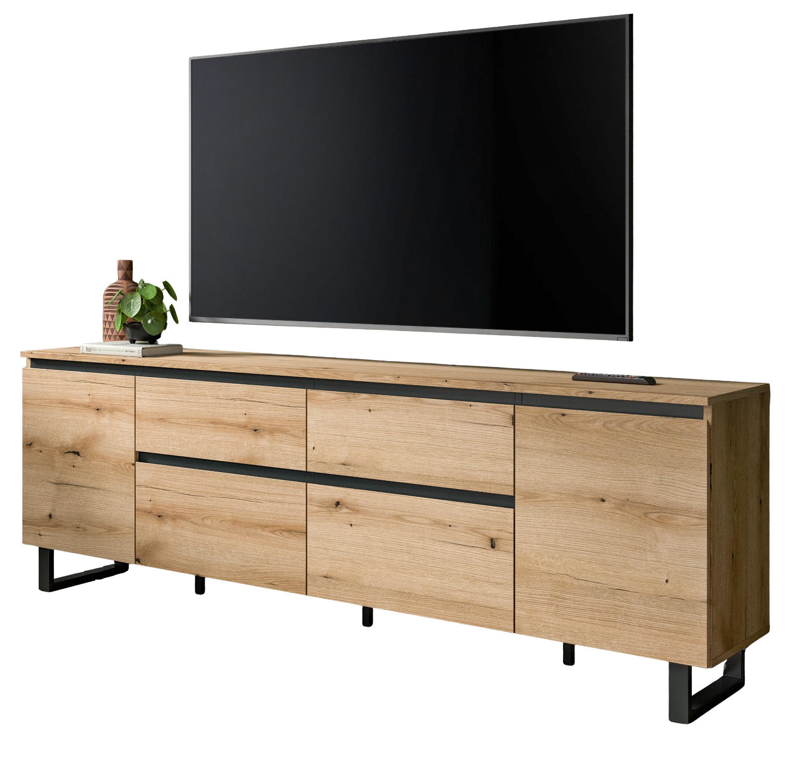 TV-LOWBOARD Evoke Eiche, schwarz, TV Unterteil 188 x 65 cm, Soft-Close und Komforthöhe, Gelia - Eichefarben/Schwarz, Holzwerkstoff/Metall (188/65/36cm) - Inn.Furn
