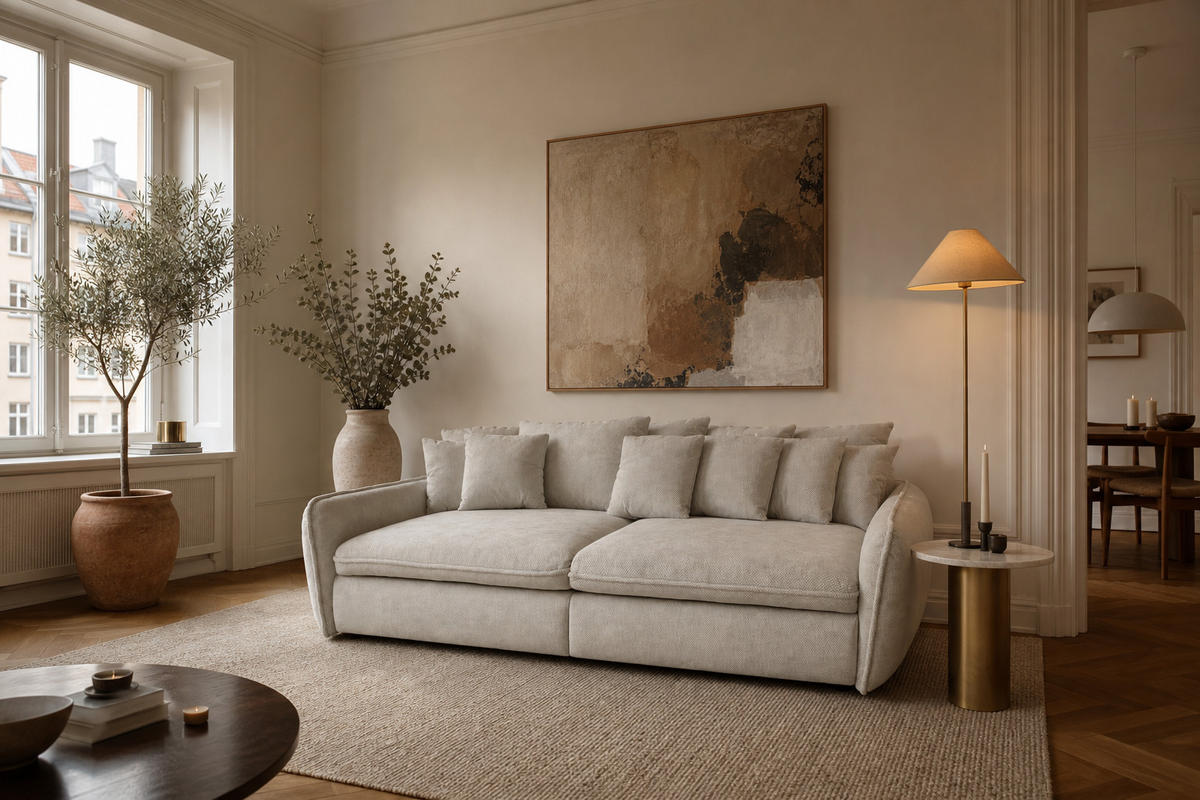 BIGSOFA Hereford Velvet Beige inkl. 11 Kissen 234/131/61 cm - Hellgrau, Kunststoff/Textil (234/61/131cm) - foamnova