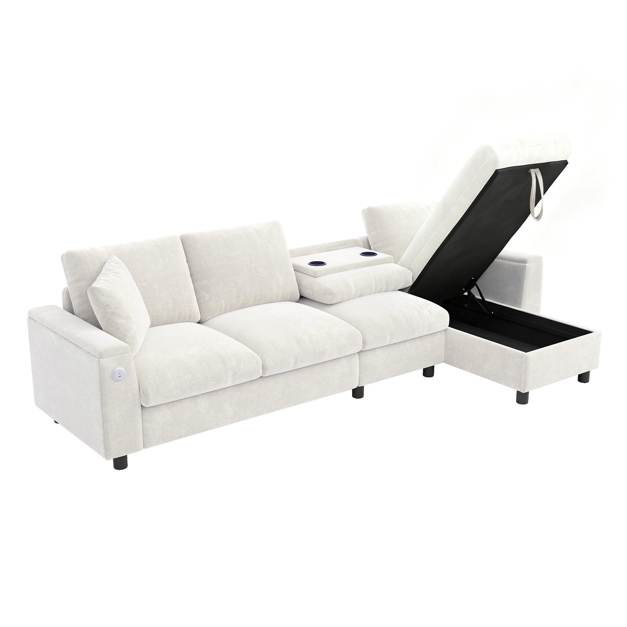 SOFA Beige L-Form Chenille Stauraum USB ausziehbar Tisch - Beige, Textil (137/84/280cm) - FLIEKS
