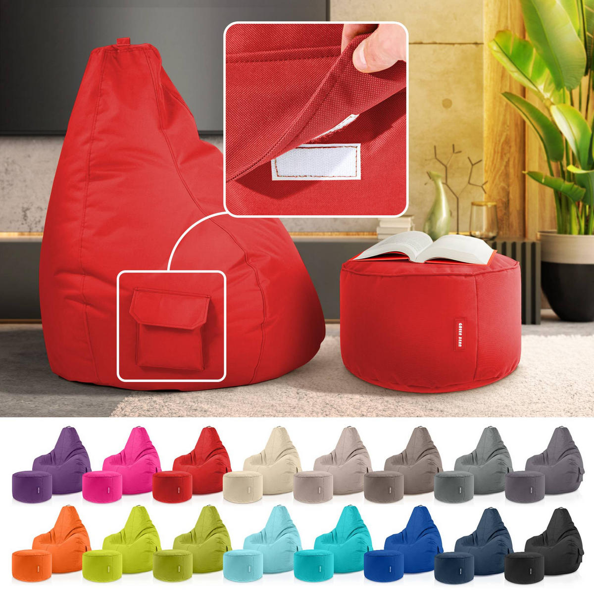 SITZSACK + Hocker "Cozy+Stay" 2er Set - Rot, Textil (70/90/80cm) - Green Bean