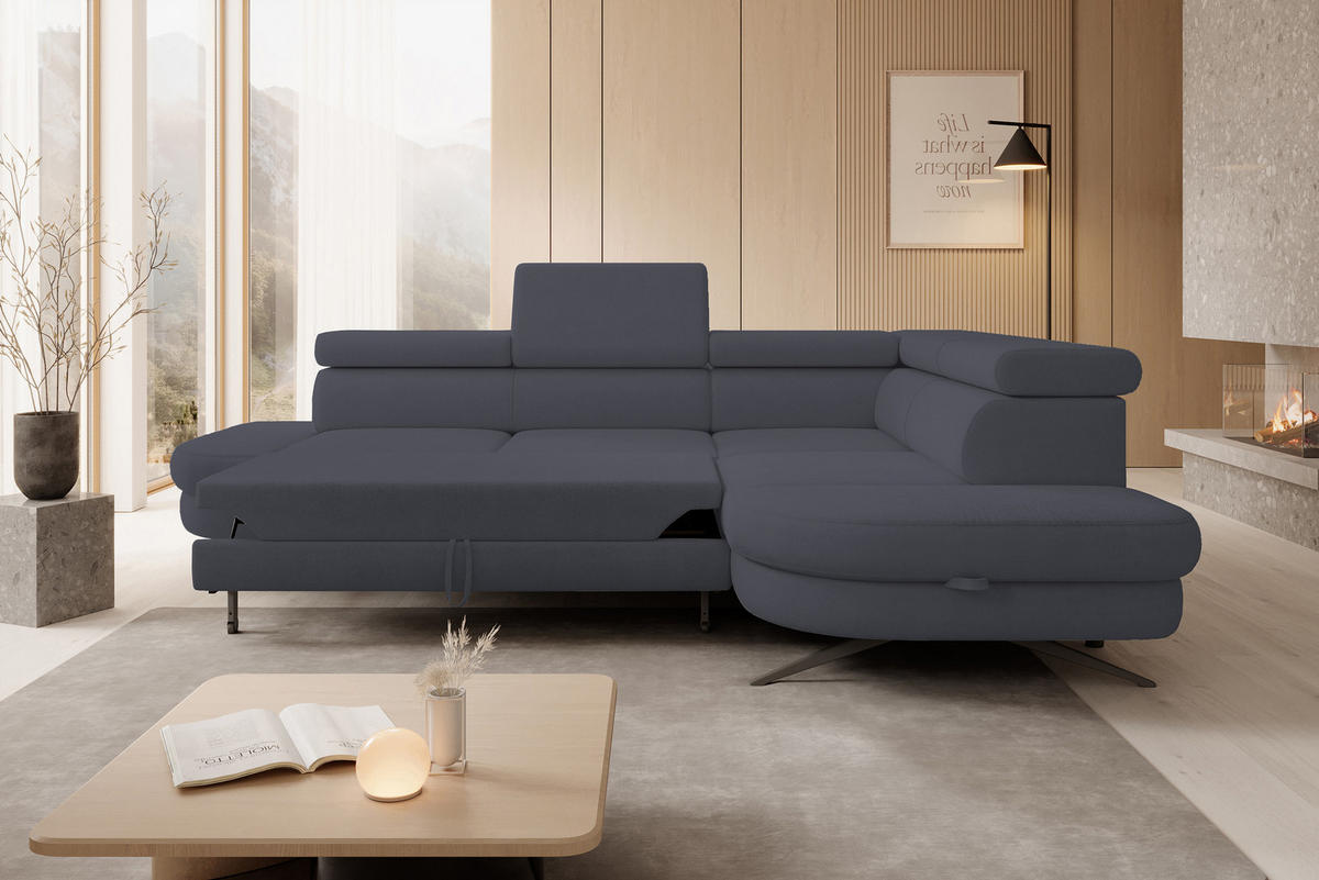 ECKSOFA OTIS L-förm, Schlaffunktion, verstellbare Kopfstützen, in AURORA-Stoff, lose Rückenkissen, freistehend, RECHTS 276x218x97 cm Dark grey - Dunkelgrau, Holz/Textil (276/218cm) - DomoHome