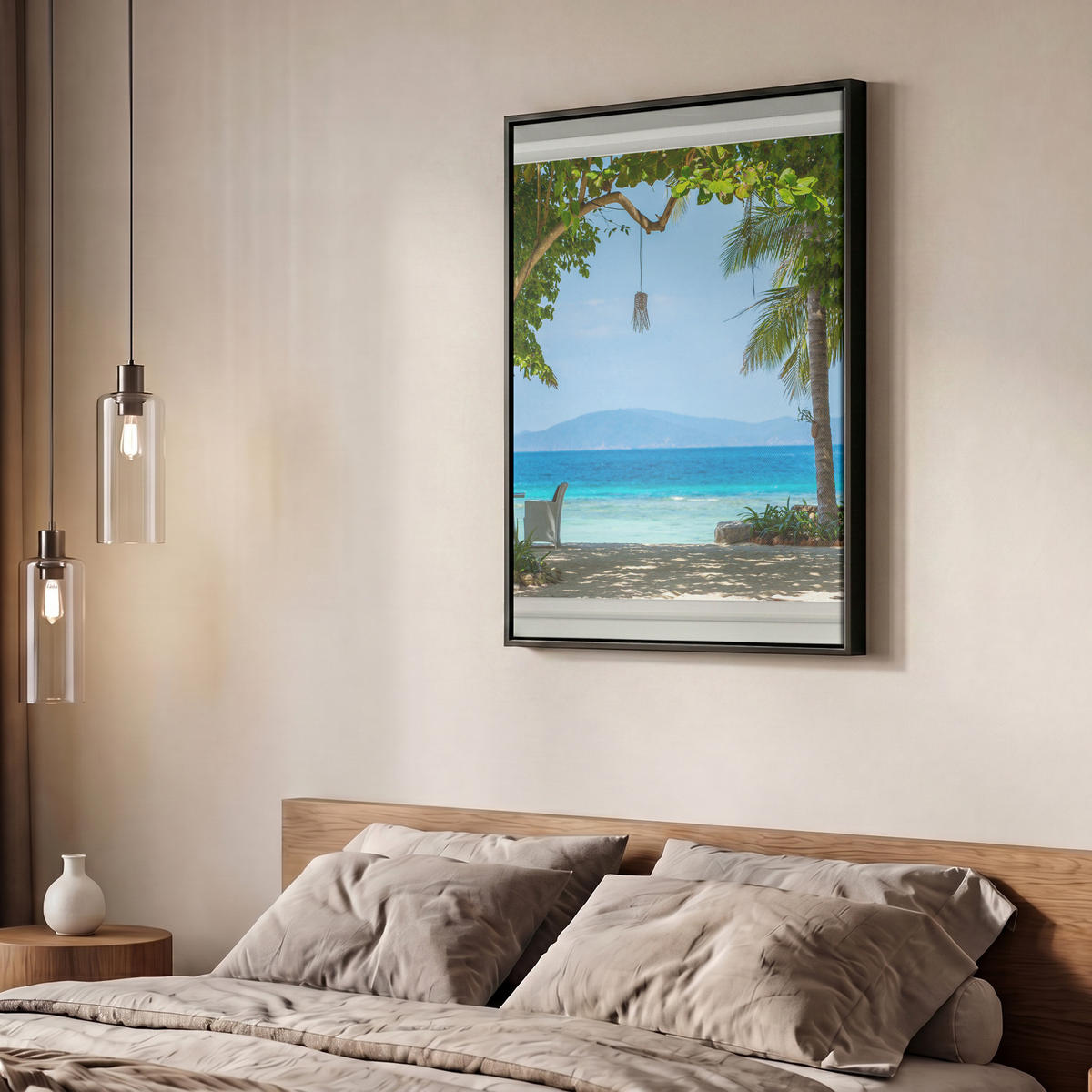 LEINWAND Bilder mit Rahmen - Aussicht - Baum - Meer - Palme - Hügel - Strand - Blau - 50x70 - Blau, Textil (50/70cm) - MuchoWow