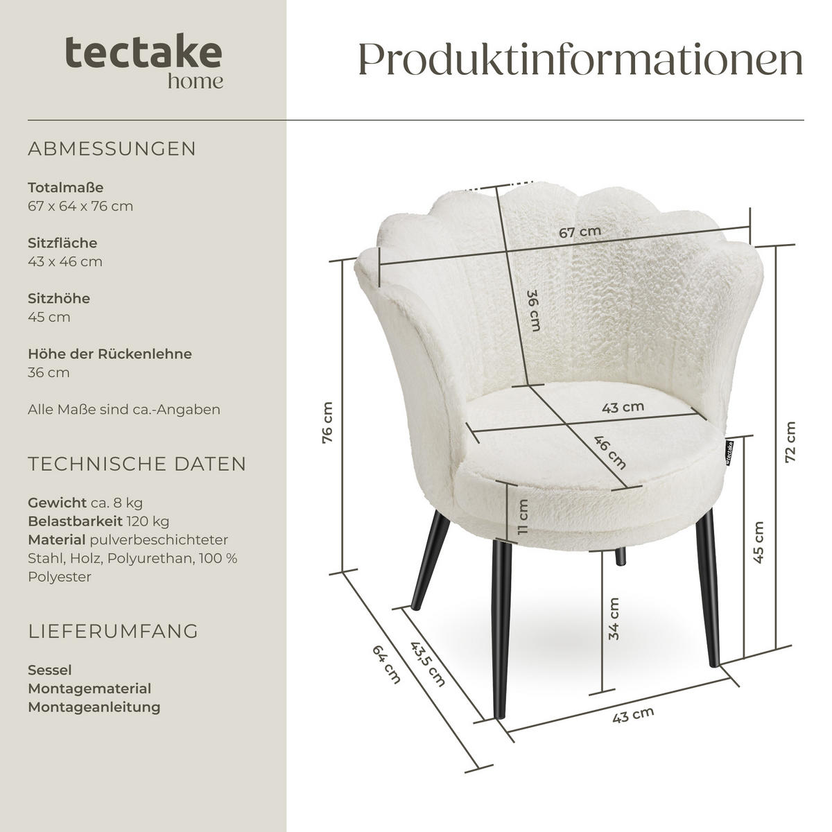 SESSEL Stella,67 x 64 x 76 cm,Kunstfell creme/schwarz - Creme/Schwarz, Textil (67/76/64cm) - tectake