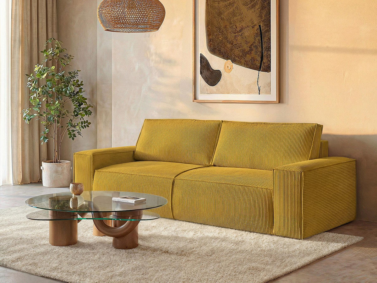 SCHLAFSOFA - 4 Personen - Samt, Stoff - Gelb - - Gelb, Textil (257/85/102cm) - Vente-Unique