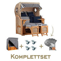 STRANDKORB Komplettset Düne Teak PE Shell Dessin 518 - Blau/Braun, Naturmaterialien/Metall (125/170/80cm) - Mr. Deko