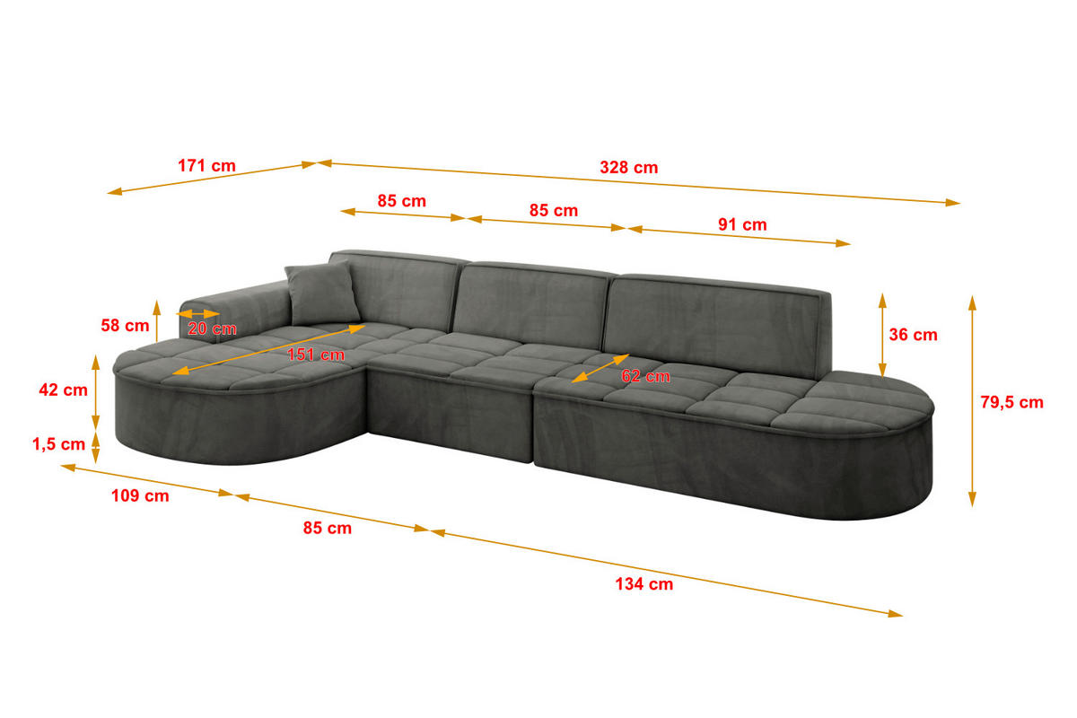 ECKSOFA Ottomane Links TARO-L2 - 328x171x79,5 cm Dunkelgrau - Dunkelgrau, Holzwerkstoff/Textil (328/171cm) - ALTDECOR