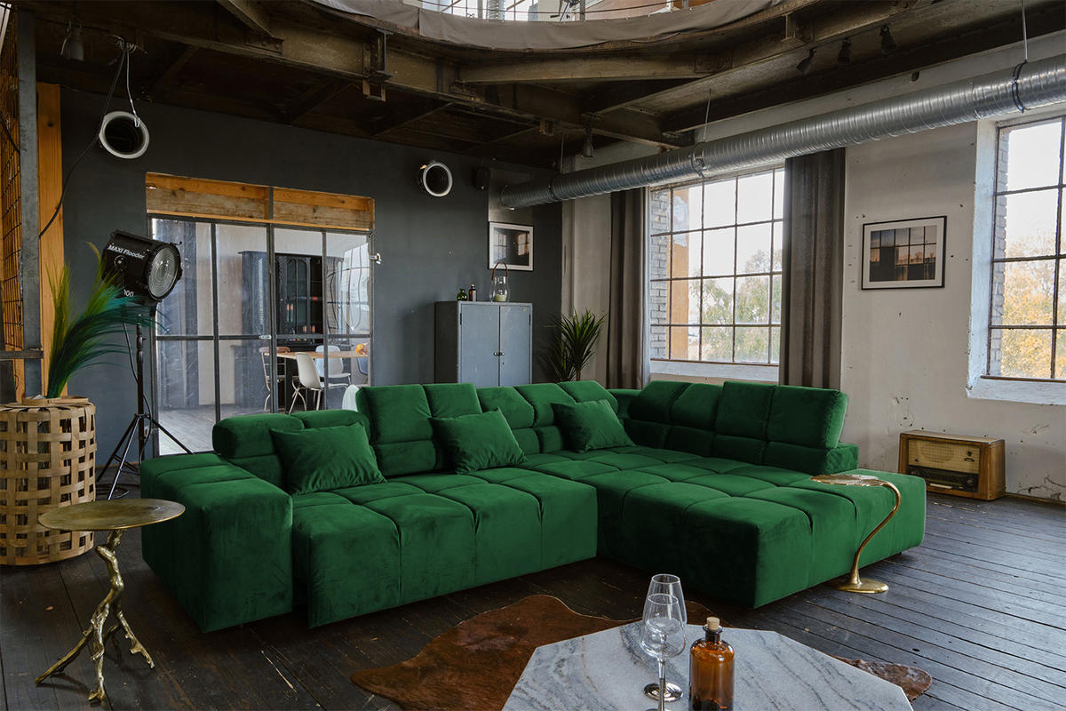 ECKSOFA MIT MOTORISCHEM SITZVORZUG NEVADA Smaragdgrün Velvet - Smaragdgrün/Schwarz, Textil (319/215cm) - KAWOLA