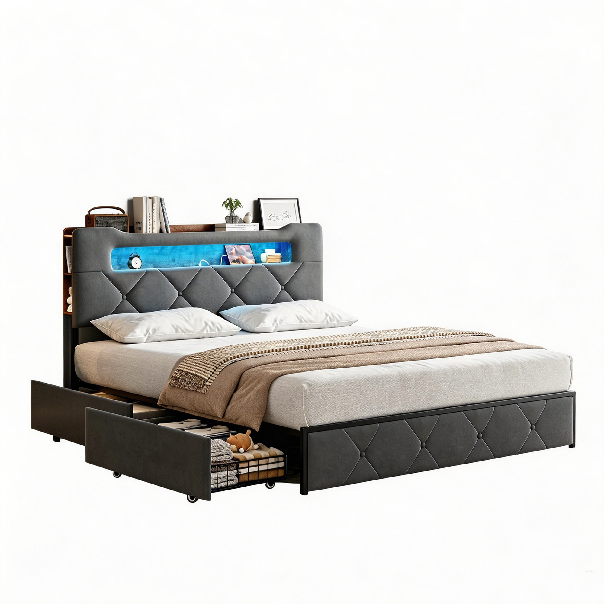 POLSTERBETT 140x200, jugendbett mit 4 Schubladen, LED, USB, Kopfteil, Lattenrost, samt, grau - Grau, Holzwerkstoff/Textil (140/200cm) - GENKI LIVING