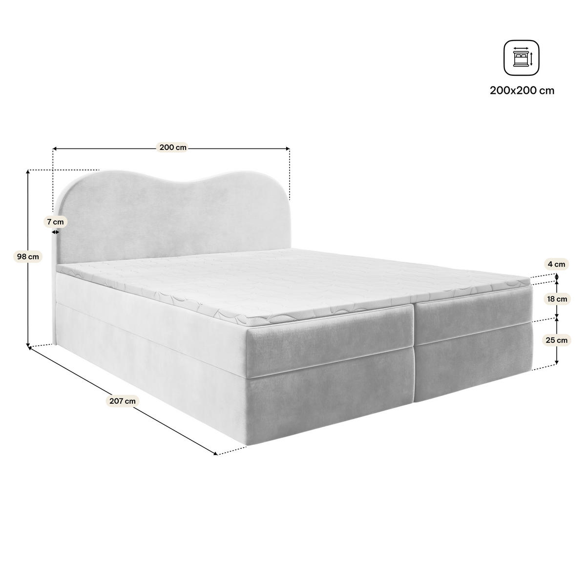 AMERICKÁ POSTEL FLUVIA, 200x200 cm s matrací a úložným prostorem, H2+H3, světle šedá - světle šedá, dřevo (200/200cm) - MASSENO