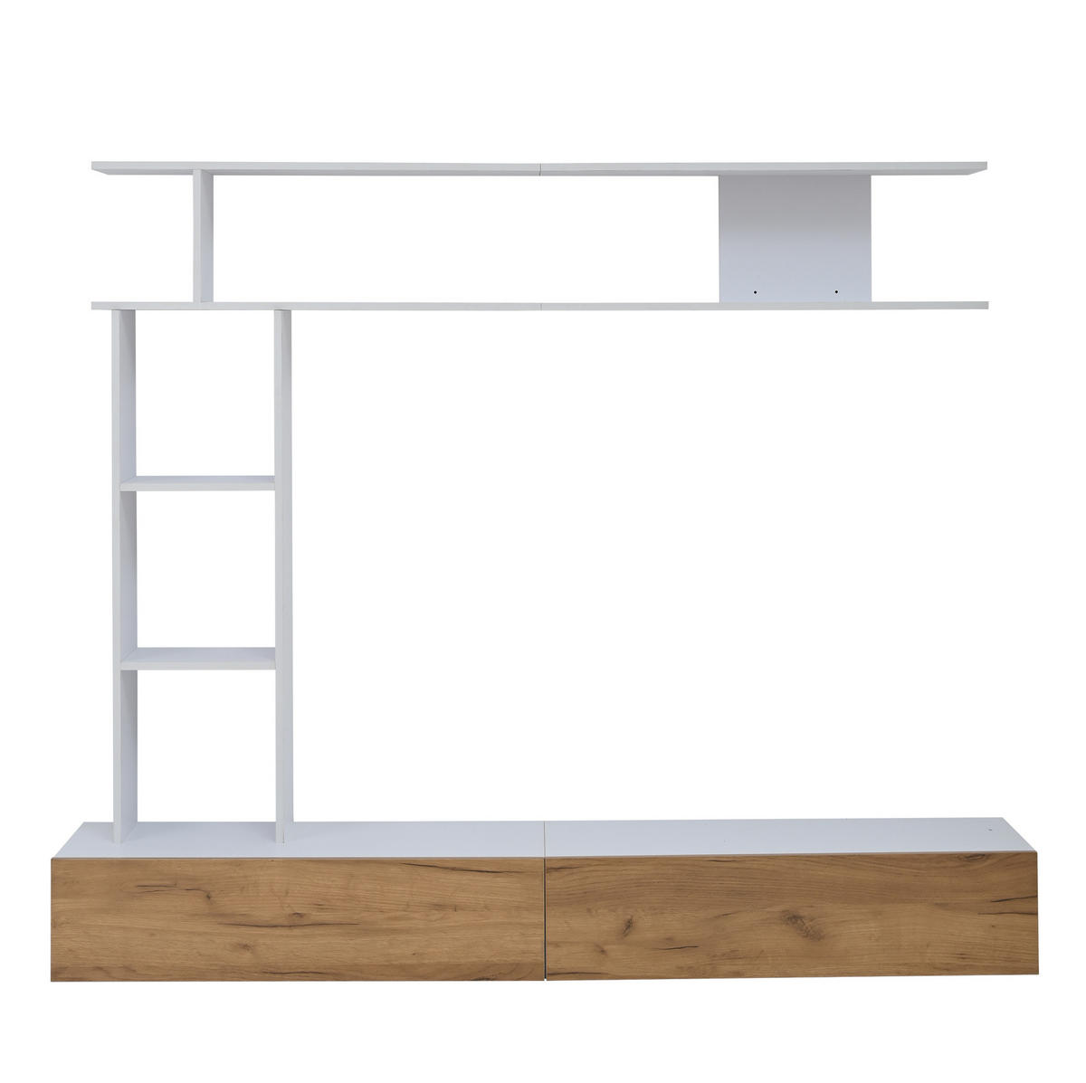 TV-WOHNWAND-SET 180/35/150 cm aus Spanplatte mit stehendem und hängendem Aufbau Weiß/Eichefarben - Weiß, Holzwerkstoff (180/150/35cm) - Modenvie