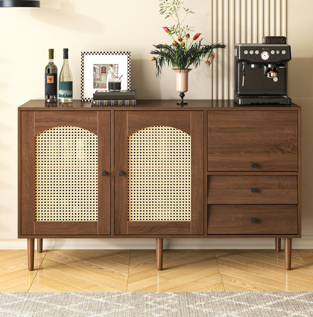 SIDEBOARD im Landhausstil 130 x 40 x 75,5 cm Holzoptik mit Rattantüren - Braun, Holzwerkstoff (130/75.5/40cm) - Meubliv
