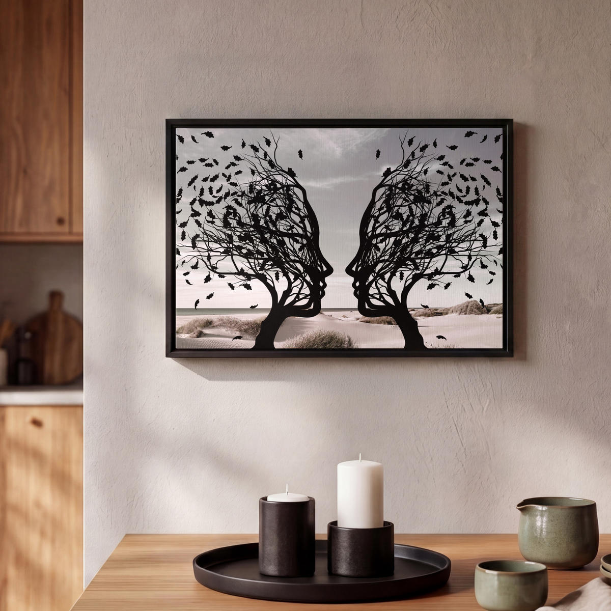 LEINWAND Bilder mit Rahmen - Strand - Meer - Menschen - Baum - Moderne Kunst - 30x20 - Hellgrau, Textil (30/20cm) - MuchoWow