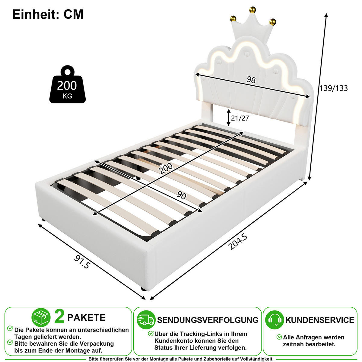 POLSTERBETT 90/200 cm in Weiß mit LED und Bettkasten aus PU - Weiß, Holzwerkstoff/Textil (90/200cm) - CHICFURN