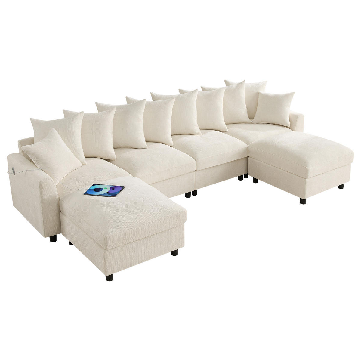 ECKSOFA Modular, Beige, Waffel-Chenille, 6-Sitzer, 2 Hocker - Beige, Textil (153.5/283cm)