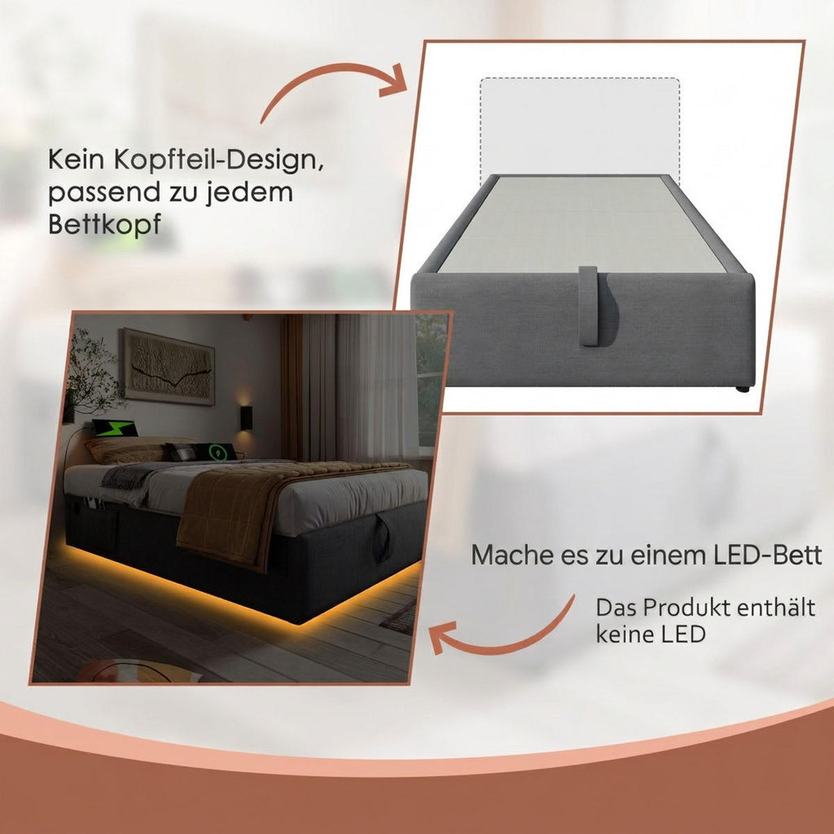 POLSTERBETT 140/200 cm Grau mit USB- C, Ohne Kopfteil - Grau, Textil (140/200cm) - Oxeza