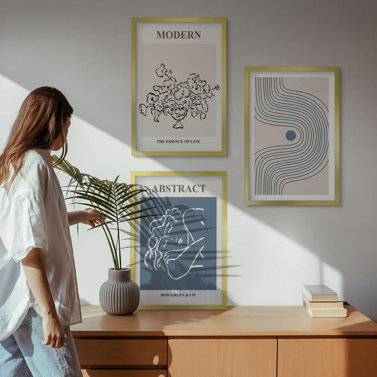 WANDBILDER 3er Set - 40x60 cm Goldrahmen - abstrakte Poster mit Blumenlinien - Goldfarben, Kunststoff (40/60cm) - ArtPrintCave