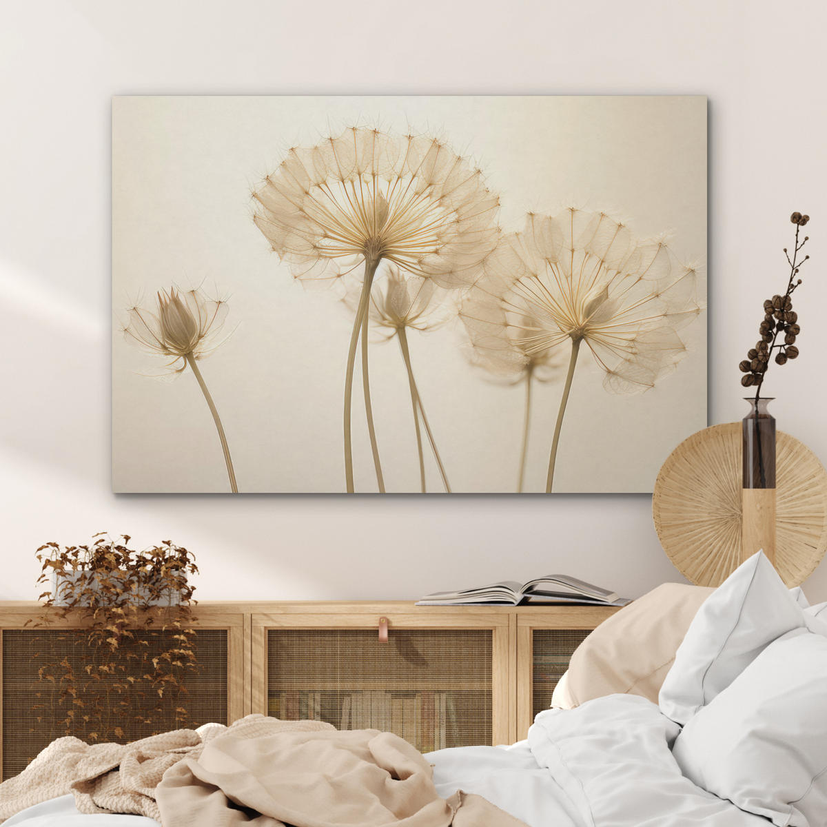 AKUSTIKPANEEL Sonnenlicht - Löwenzahn - Botanisch - Blumen 100x70 cm - Creme, Textil (100/0.9/70cm) - MuchoWow